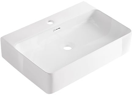AQUAUNO - Lavabo da appoggio CLOE 60 x 42 cm, rettangolare, in ceramica bianca con foro per rubinetto e troppopieno, cromato - sanitari bagno