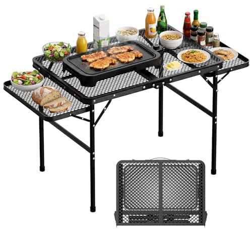 Tidolo Folding Grill Table 30.3 Height Adjustable, Outdoor Camping Table with 2 Extra Desktops, 3x2 FT Portable Metal Grill Table for Outside for Picnic BBQ Camping Beach