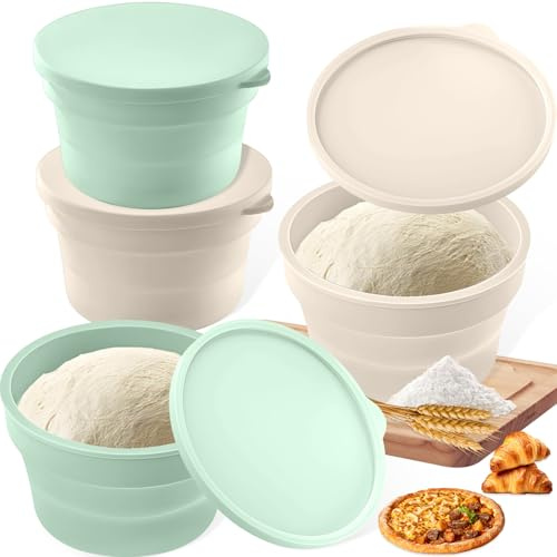 4 Pcs 13×7.6 cm Pizza Dough Box with Lid, Non-Stick Silicone Fermentation Boxes, Foldable Proofing Containers, Stackable Round Baking Bowls, Sourdough Proofing Baskets Set for Pizza, Bread, Flatbread