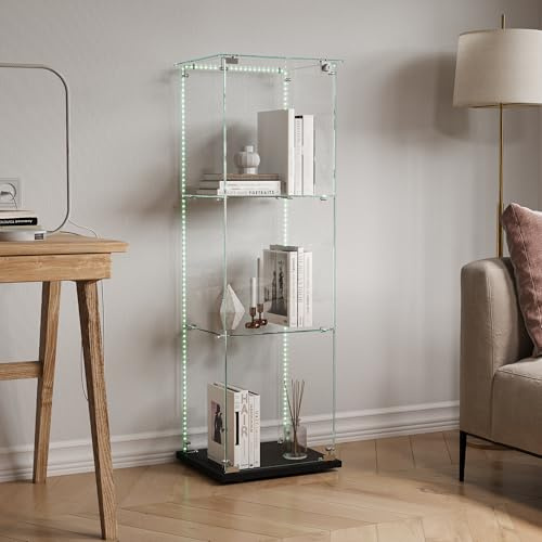MEXUS Vitrine en Verre, Meuble de Collection Vertical à 3 Niveaux pour Collections, Livres, vin, Bureau, Salon, Cuisine, 123,5x39,8x35cm, avec Bande Lumineuse (Noir)