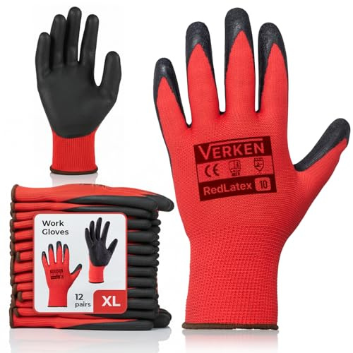 GUARDIS Guanti da lavoro taglia 10/XL – 12 paia di guanti in lattice grip rosso nero – guanti di montaggio antiscivolo per costruzione, magazzino, giardino e officina
