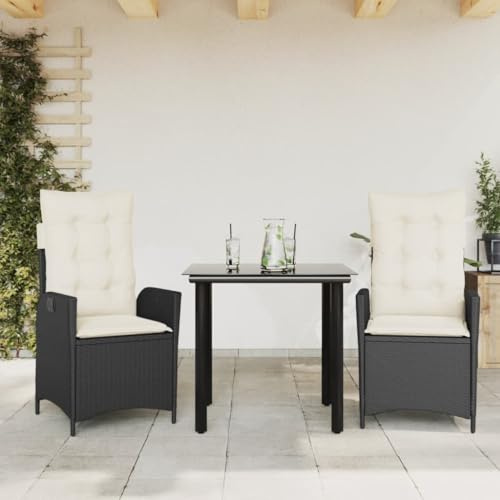 QUAHEAS Salon de jardin 3 pièces en polyrotin noir avec fauteuils de relaxation réglables, plateau de table en verre trempé et coussins blanc crème pour terrasse, balcon et jardin