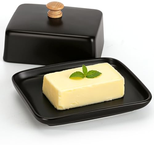 Vinato Beurrier Céramique avec Couvercle et Poignée, Beurrier Porcelaine pour 250 gr de Beurre Boîte à Beurre Hermétique pour Frigo, Lavable au Lave-Vaisselle, Micro-ondes, Noir
