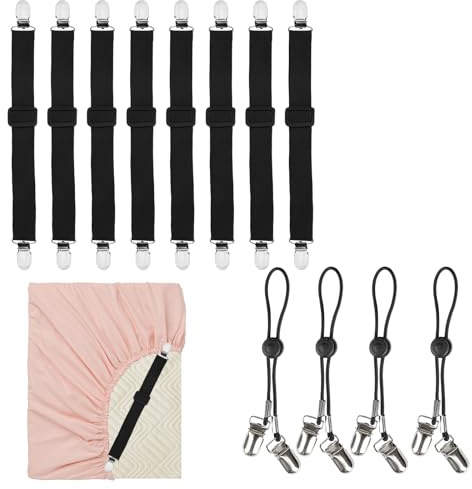 ZEMINRI 12 Piezas Sujeta Sabanas Bajeras Cordones Elasticos (Negro) | Fuertes clips metálicos sujeta sabanas pinzas para sujetar edredones cama clips para sábanas sofás ajustables seguro