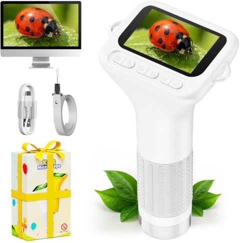 ASPOVEN Microscopio Niños 1000X, Pantalla IPS 2, Foto y Vídeo (Blanco) | Microscopio Digital Portátil con Pantalla IPS de 2 Pulgadas, 8 LED Ajustables, Juguete Educativo para Niños y Niñas