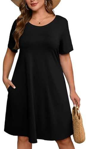 Fjquamitix Plus Size Summer Dress for Women Casual T Shirt Dress with Pockets Short Sleeve Crew Neck Vacation Dresses for Women Daily Wear