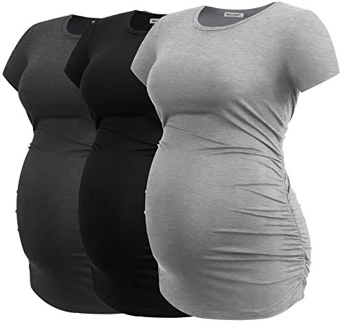 Smallshow Women's Maternity Tops Side Ruched Tunic T-Shirt Pregnancy Clothes Medium Dim Grey-Black-Grey