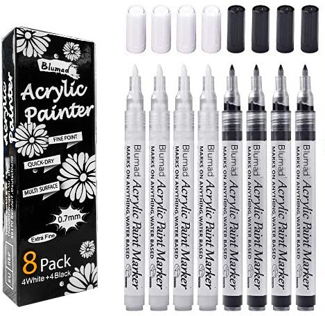 Schwarz Weiß Acrylstifte, 0,7mm Permanent Marker Stifte Wasserfest Dünne Spitze Acrylfarben Stifte Steine Bemalen , Keramik Holz Metall Papier Glas Stoffe Kunststoff Leder DIY 8 Stück