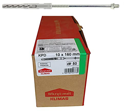 KPD - Tacos para marco (10 x 160 mm, con tornillo de 7 x 165 mm, cabeza roscada M8, abrazadera para tubos de bajada, 50 unidades)