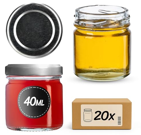 KADAX 20 vasetti Mini da 40 ml con coperchio avvitabile da 43 mm, barattoli per conserve, vasetti per spezie con coperchio, barattoli per marmellata, vasetti da assaggio, vasetti per marmellata