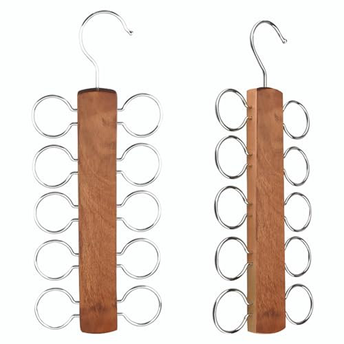 LMSAWK 2 PCS carf Hanger Wooden, Scarf Holder for Closet Organizer and Storage, Tie Hanger Scarf Rack, Space Saving Hangers with 10 Loops for All Scarves, Ties, Belts (Brown)