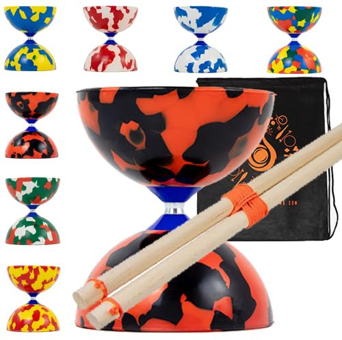 Jester Ensemble de diabolo avec bâtons en bois – Ensemble de diablo en caoutchouc de taille moyenne avec bâtons en bois et sac de transport en cascade (rouge et noir)