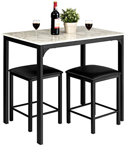 GIANTEX Table Haute de Cuisine & 2 Tabourets, Ensemble 3 Pcs de Salle à Manger pour 2 Personnes, Table Bar Cuisine Moderne & Compacte en Finition Faux Marbre, Mange-Debout pour Bistro, Salon (Blanc)