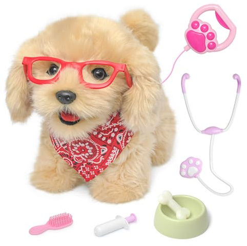 Interaktiver Hund Spielzeug für Kinder ab 3 Jahren, Elektronischer Welpe mit Leine & Tierarzt Koffer, Läuft, Bellt & Wedelt, Plüschhund Roboter Hund Set, Pädagogisches Geschenk für Mädchen & Jungen
