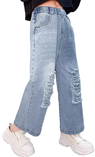 Pantalón Vaquero Baggy para niñas y niños, Pierna Ancha Rasgada, con Agujeros, Cintura Alta Informal(Azul -8)