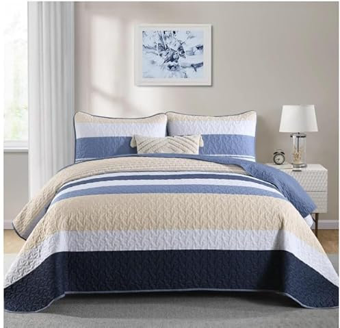 WONGS BEDDING Tagesdecke 220x240 Blau Bettüberwurf Schlieren Decke Steppdecke 3 teilig Doppelbett Gesteppt Bettdecke Mikrofaser Wohndecke mit 2 Kissenbezug 50x75 für Schlafzimmer Sofaüberwurf