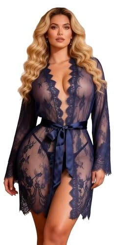 comeondear Babydoll Mujer Sexy Lencería de Encaje Bata Talla Grande Kimono Transparente con Tanga Ropa de Dormir Ropa Interior con Cuello en V Vestido de Noche con Braguita Lingerie Azul,XS-S