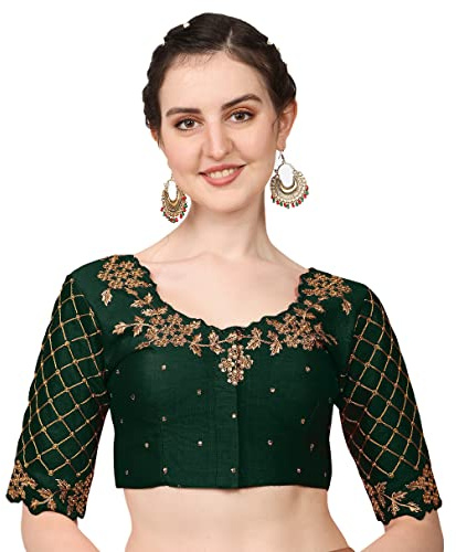 Pujia Mills women's embroidery handwork, rough cut work stone work readymade blouse, Bottle Green, 34