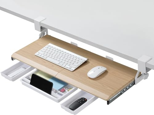 ETHU Vassoio per tastiera con morsetto a C, 68 x 30 cm, ripiano retrattile per tastiera per casa e ufficio, rovere