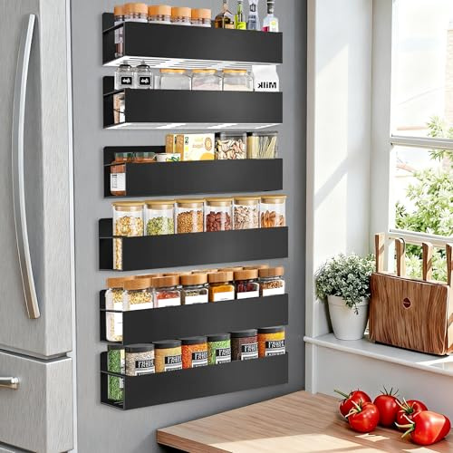 SMRCAD Magnetic Spice Rack for Refrigerator, 6pack Magnetic Shelf for Fridge Space Saving Seasoning Organizer for Kitchen storage Any Metal Surface No Drilling Needed (6pack-Black)