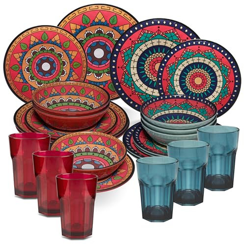 Vaisselle en mélamine Toscane Deep pour 6 personnes – 24 pièces rouge/vert – Aspect mandala avec verres assortis 400 ml Accessoires de camping caravane Camping Festival pique-nique Garden Party