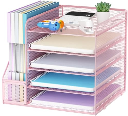 Marbrasse Schreibtisch Organizer und Büro Zubehör,5-Tier Briefablage,Mesh Büro Organizer für Schreibtischzubehör & Ablage(Rosa)