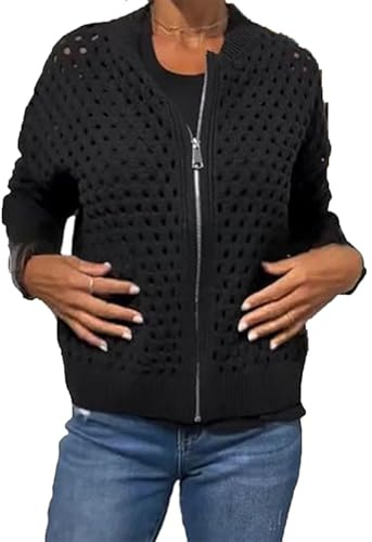 Giacca a maglia traforata casual da donna con cerniera, cardigan estivo leggero con zip, cardigan lavorato all'uncinetto aperto sul davanti, maglione, Nero , XXL