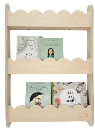 Babywood bokhylla barn vägg trä, vägghylla böcker barn, Montessori bokhylla för leksaker, barnrum, babyrum, lekrum, barnhylla böcker förvaring (natur, S)