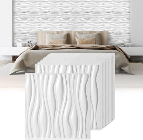 Jopassy Paneles de pared 3D, 12 unidades de 50 x 50 cm (3 m²), 3D Wall Panels Wave de aspecto ondulado, paneles decorativos de PVC, resistentes al agua, resistentes al calor, color blanco mate