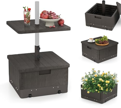 KOMFOTTEU Soporte para Sombrilla con Ruedas y Bandeja de Mesa, Base de Sombrilla Rellenable de 45L de Agua/67kg de Arena, Base para Sombrilla de 38/48 mm con Asa (Marrón)