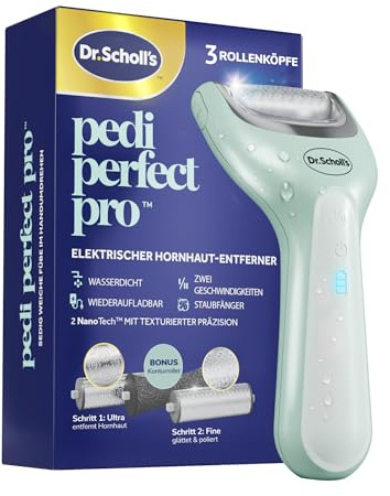 Dr. Scholl's Râpe électrique Pieds Pedi Perfect Pro avec 3 rouleaux Nano Tech - Élimine les callosités pour des pieds doux et beaux - Autonomie 90 minutes - Rechargeable et Etanche