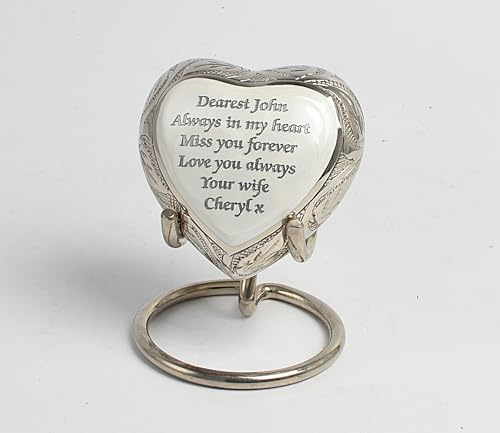 Small Heart Keepsake Cremation Urn for Ashes – 3-Inch Memorial Heart with Secure Screw Lid, Approx 15 Teaspoons Capacity, Includes Display Stand & Velvet Box (White-Silver- Text Engraved)