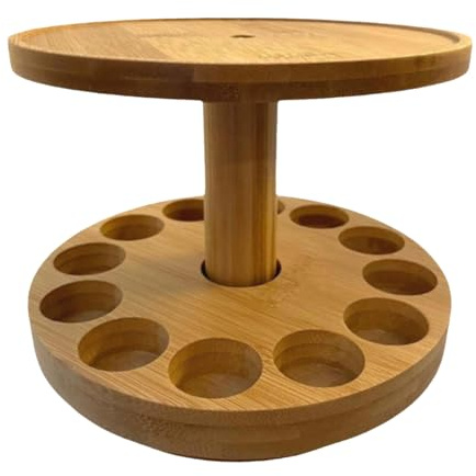 Oljelagringsställ – Roterande dubbelvånings displaystativ i bambu, 18x18x16cm Aromaterapihållare Organizer, skivspelare design | Dekorativt hemlösning i trä för inredning i sovrum och vardagsru