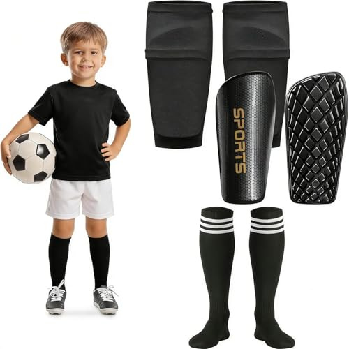 Soccer Shin Guards for 3-16 Years Old Children Boys Girls, Kids Toddler Youth Shin Pads, Mini Protective Soccer Shin Pads with Sleeves and Long Soccer Socks (Black, S (for toddler, 2-4 years))