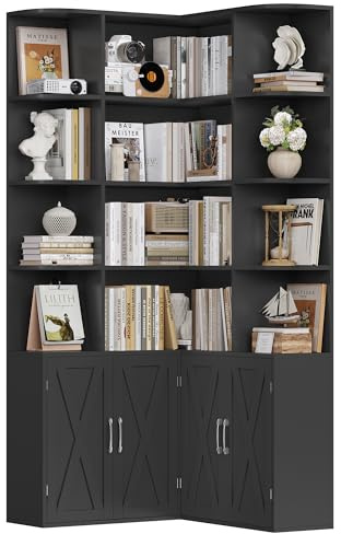 FirFurd 187.3 cm Libreria, Libreria Angolare con 12 Scomparti Aperti, Scaffale Salvaspazio con 4 Ante, Scaffale Angolare, Vetrina Espositiva, per Soggiorno, Studio, 80x80x187.3cm (Nero)