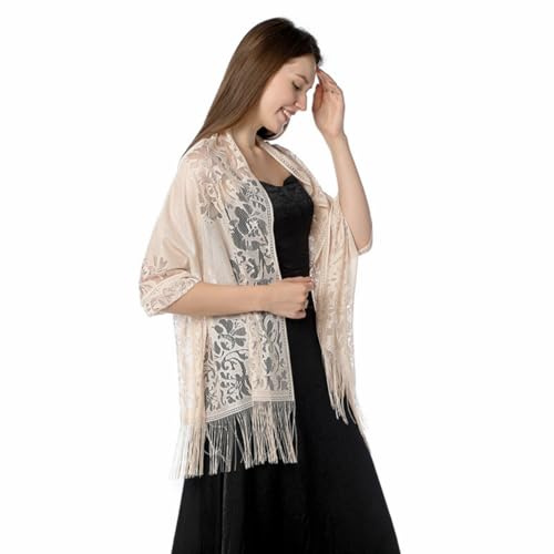 Makroyl Women's Elegant Floral Lace Scarf Shawl with Fringe Lightweight Sheer Wrap for Evening Dresses, Weddings, Bridesmaids & Formal Events