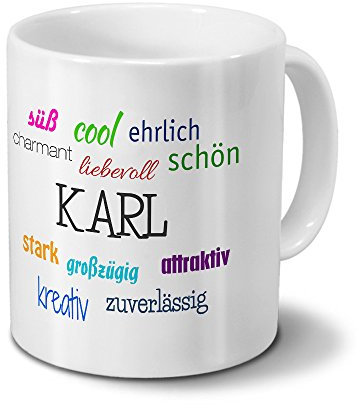 printplanet Tasse mit Namen Karl - Positive Eigenschaften von Karl - Namenstasse, Kaffeebecher, Mug, Becher, Kaffeetasse - Farbe Weiß