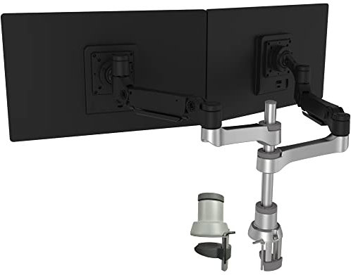 R-Go Caparo 4 D2 Monitor Halterung 2 Monitore, Gasdruckfeder arm, Tischhalterung mit C-Klemme ohne zu bohren, Für 13-32 Zoll bildschirm, 9 kg Tragkraft pro Arm, VESA75/100, Matt Schwarz/Silber