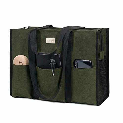 TOPDesign Utility Water Resistant Tote Bag with 13 Exterior & Interior Pockets, Top Zipper Closure & Thick Bottom Support, for Working Women, Teachers, Nurses, Accountants (Green, Medium)