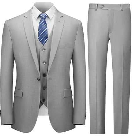 Cooper & Nelson Traje de Hombre Ajustado, Trajes de 3 Piezas para Hombre, Chaqueta sólida de un botón, Chaleco y Pantalones con Corbata, Conjunto de Esmoquin, Gris Claro, Large