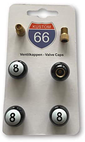 4er Set Ventilkappen + 2 Fahrradadapter - 8 Ball Schwarz - für jedes Auto, Motorrad und Fahrrad geeignet
