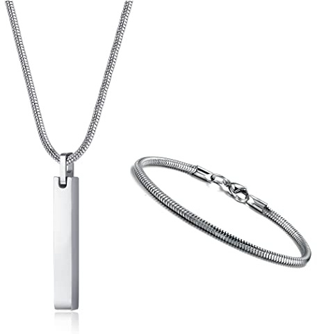 YADOCA Collana da Uomo con Ciondolo a Barra e Braccialetti in Acciaio Inossidabile per Donna, Bracciale a Catena a Serpente da 3 mm Lunghezza 55 cm Argento/Nero