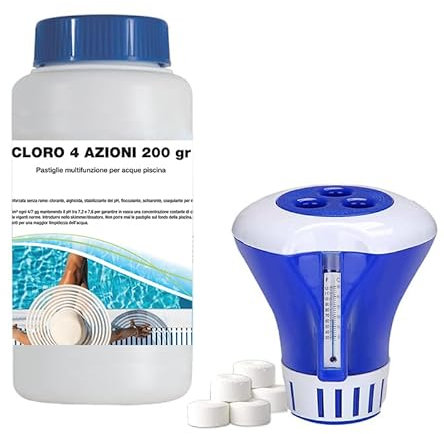 Virsus 1Kg Cloro 4 azioni a Pastiglie + DOSATORE GALLEGGIANTE per acque piscina, 5 Pastiglie da 200 gr a lenta dissoluzione per disinfezione dell’acqua, Clorante, Alghicida, Stabilizzante del pH