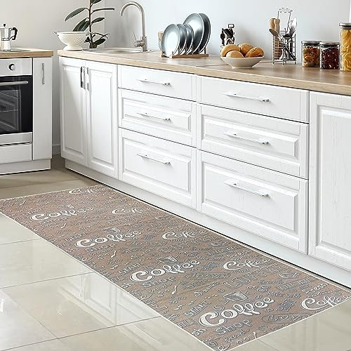 CARPETIA Moderner Teppich Läufer Küche Küchenläufer beige pflegeleicht waschbar Design: Coffee Love Fresh HOT Schriftzug in weiß 80 x 200 cm