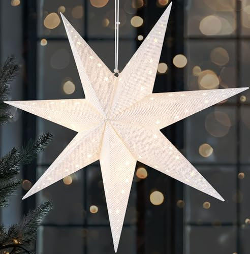 BRUBAKER LED Weihnachtsstern zum Aufhängen - 60 cm Papierstern mit 7 Spitzen - 3D Adventsstern - Batteriebetrieben, Hängend und Beleuchtet - Fenster Deko Leuchtstern - Weiß