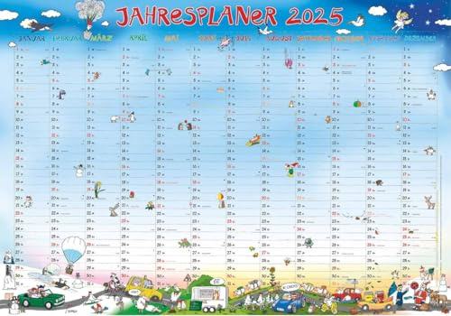 Alpha Edition - Jahresplaner Happy XL 2025 Plakatkalender, 100x70 cm, Kalender mit Jahresübersicht, liebevollen Illustrationen von Silke Leskien und deutschem Kalendarium: by Silke Leskien