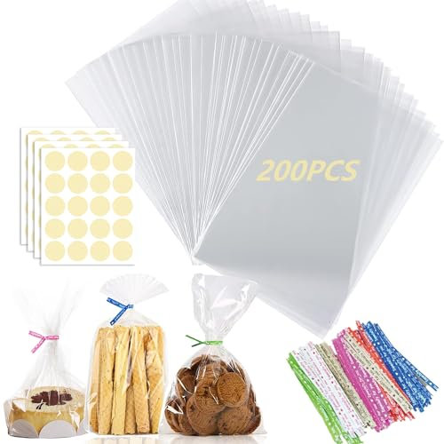Rhimooay 200 Stück Kleine Tüten für Süßigkeiten, 20x15 cm Plastiktüten Cellophantüten Klein, Süßigkeiten Tüten, Candybar Tüten, Kleine Tütchen Zellophantüten für Hochzeit