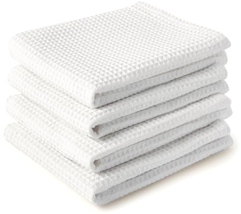 Encasa XO Paños y paños de Cocina de algodón Blanco | Toalla de té de Tejido Plano y Tipo gofre | Juego de paños de Cocina | 70x45 cm | Reutilizable y de Secado rápido Juego de 4