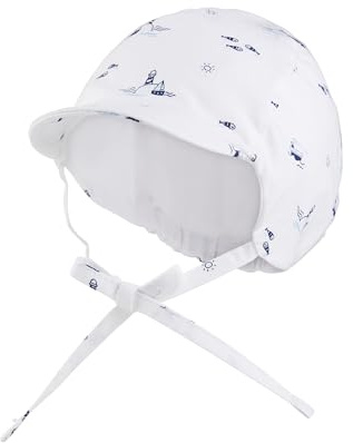 Sterntaler Berretto con Visiera con fari – Berretto Estivo in Cotone – Cappello da Ragazzo con paraorecchie Tagliate e Nastro – Copricapo per Neonati e Bambini, Bianco, 49