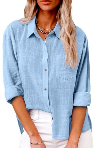 SHEKINI Chemisier Femme Coton Chic et Élégant Manches Longues Décontracté Col en V Boutonné Blouse Haut Top Chemise Lin avec Poche Coupe Ample
